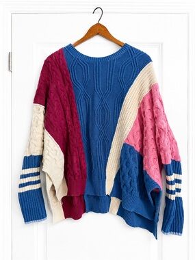 Anthropologie Maeve Oversized Colorblock Cable Knit Sweater Large Wool Blend